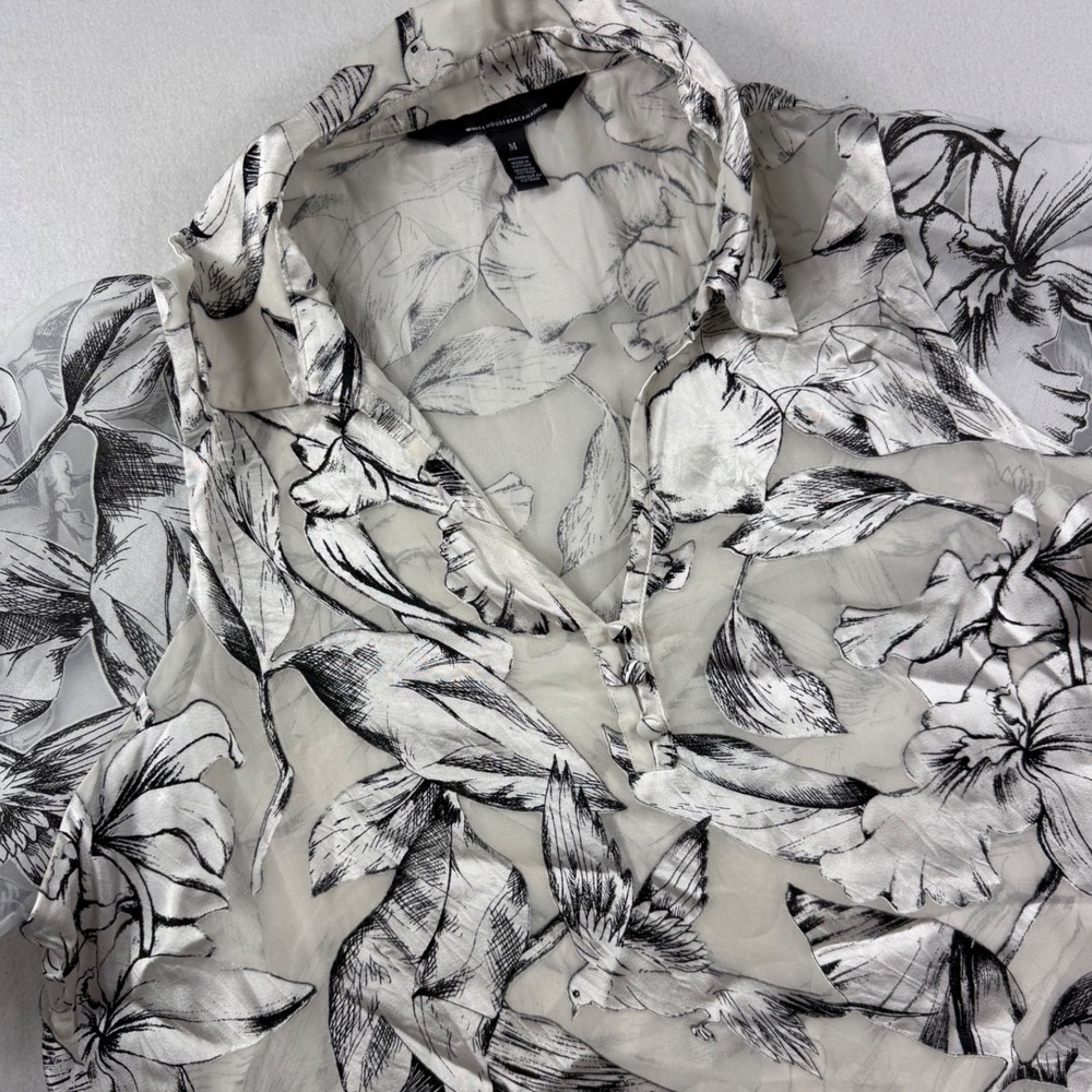 White House Black Market Burnout Floral Bird Blouse White Black Minimalist M - Picture 7 of 9